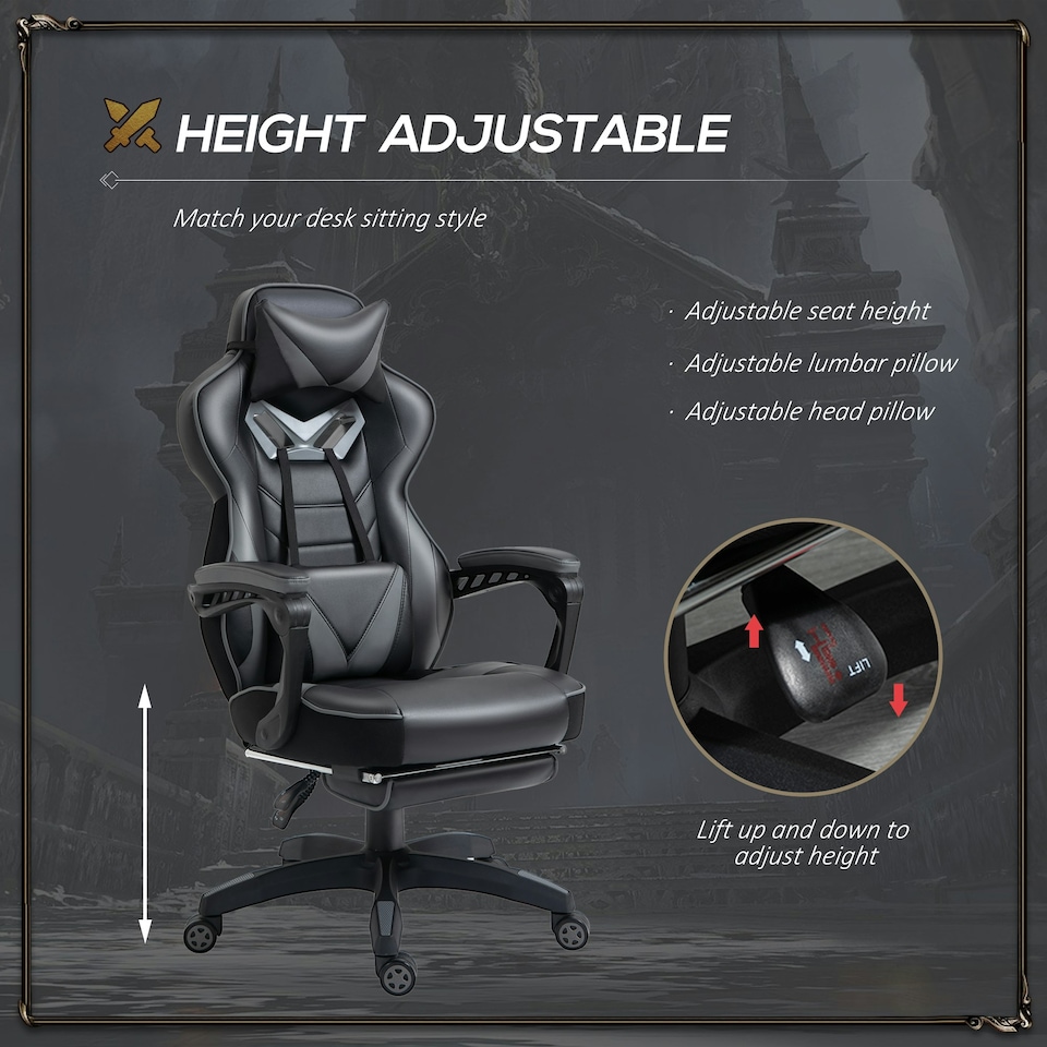 image 1 of Vinsetto Ergonomic Gaming Chair Manual Reclining Chair with Footrest Grey