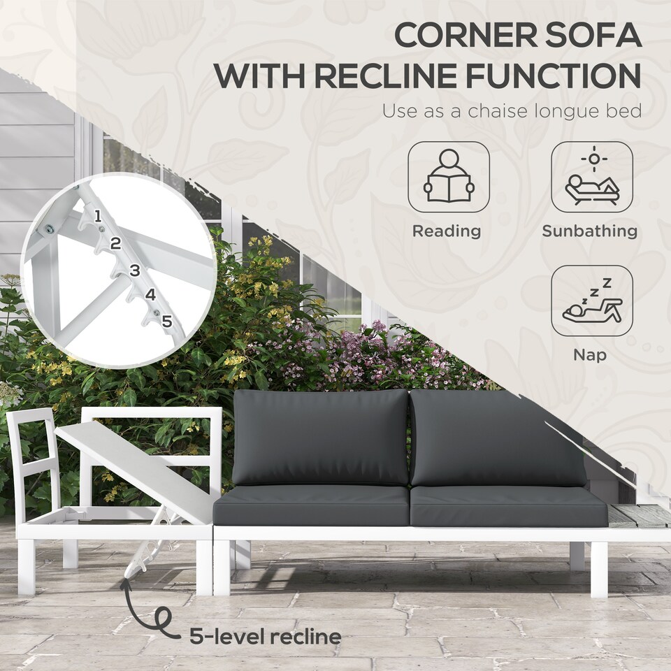 image 1 of Outsunny 4 PCs Garden Set w/ 5-Level Recline Corner Conversation Sofa Set White