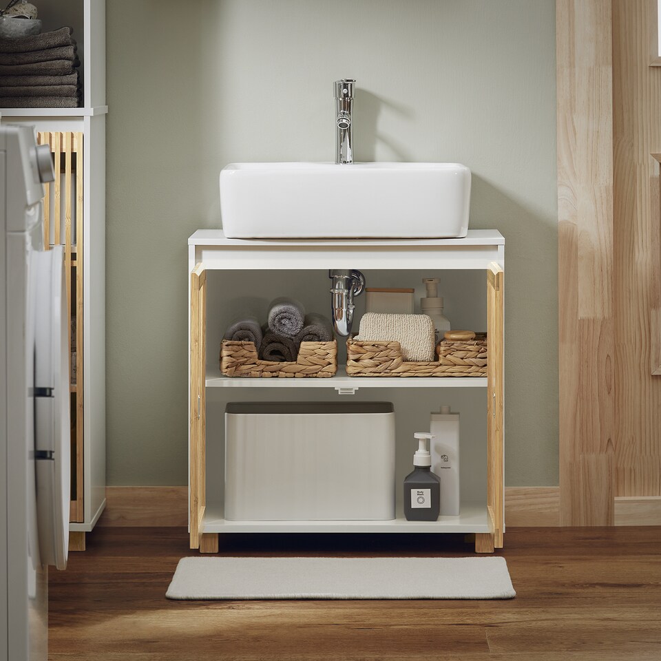 image 1 of SoBuy Under Sink Cabinet with 2 Bamboo Slatted Doors, White, 23.6x13.0x23.6 in, 11.5 kg - BZR125-W