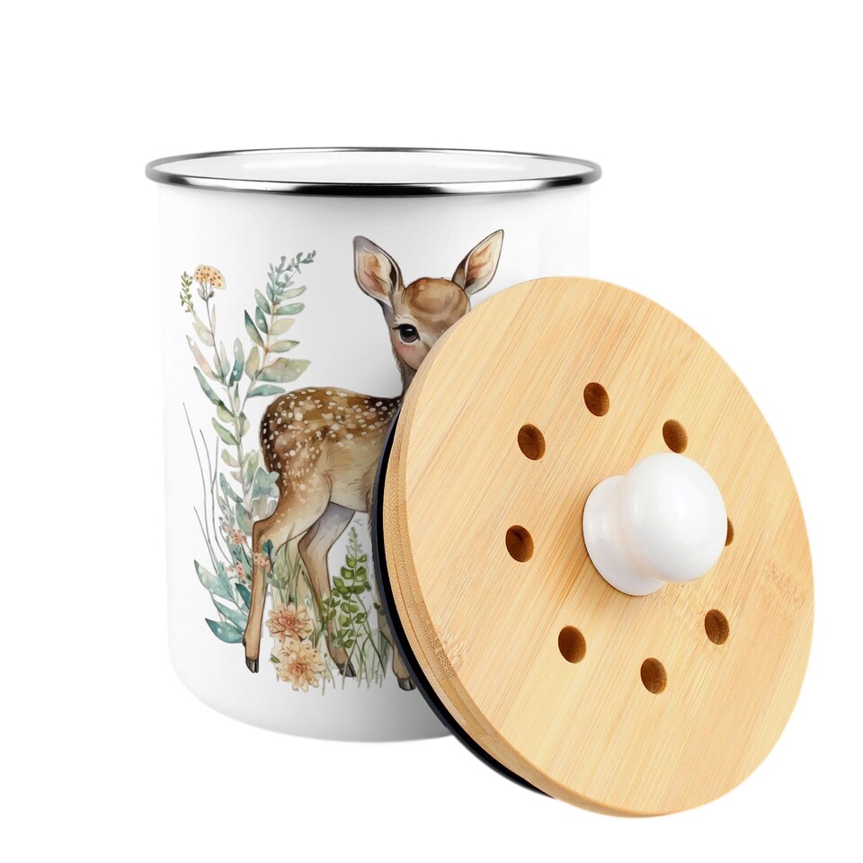 image 1 of Floral Deer Food Waste Caddy - Metal 2L Decorative Kitchen Compost Bin