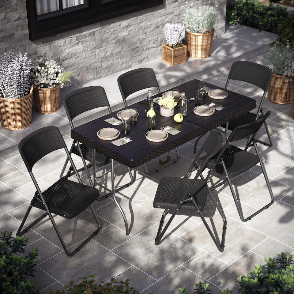 image 1 of 5Ft Rattan Effect Garden Folding Table and Chairs Garden Set - Black | Black | 5