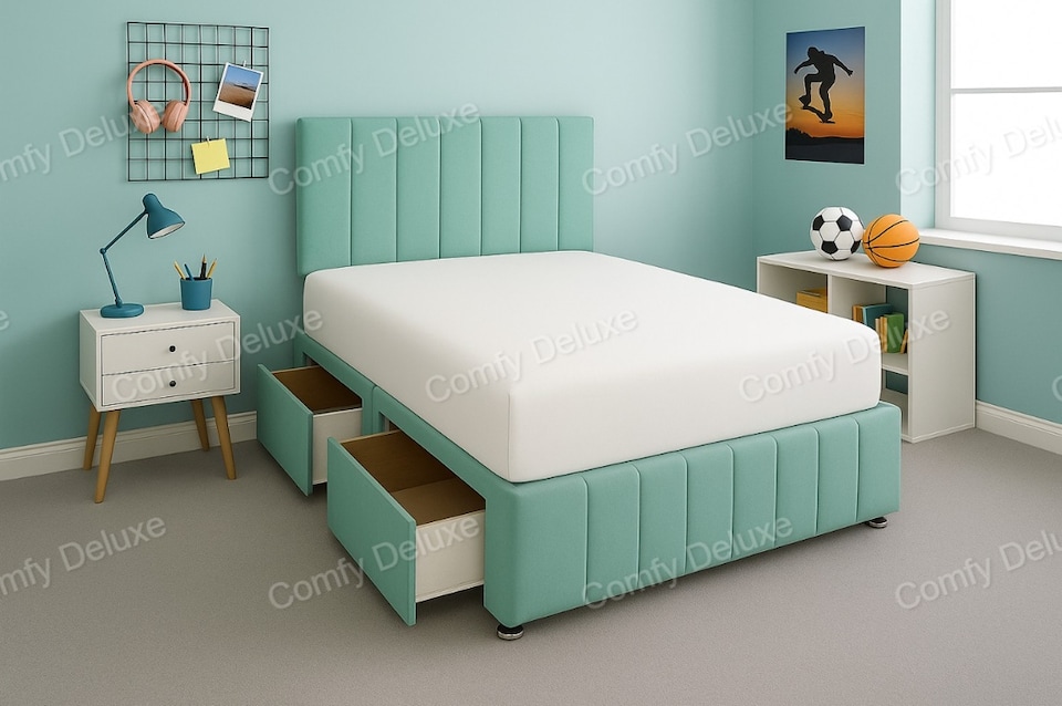 Duck Egg Plush 6ft Superking  Divan Bed Set Headboard & Footboard - 2 Drawers Left Side Laying in Bed