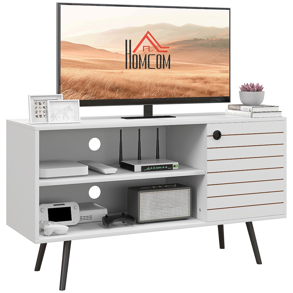 image 1 of HOMCOM TV Stand Cabinet for 50 Inch TVs, TV Unit with Open Shelves, Soft-close Door and Cable Holes, Entertainment Unit for Living Room, White