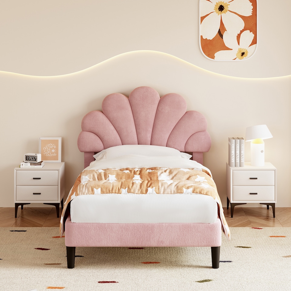image 1 of Abrihome 3FT Single Upholstered Bed Frame with Adjustable Petal Headboard, Velvet, Solid Wood Slats, Pink, No Box Spring Needed