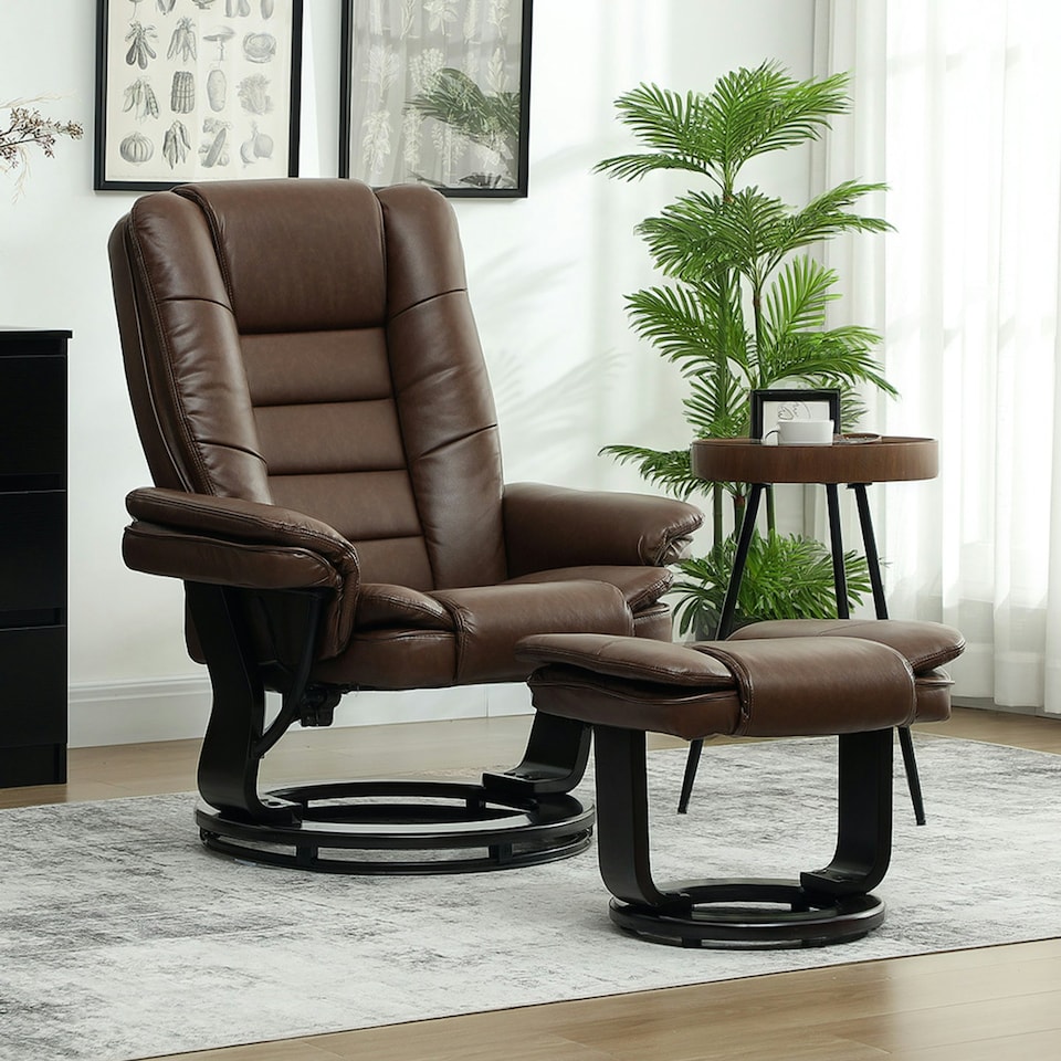 image 1 of HOMCOM Swivel Manual Recliner and Footrest Set PU Leather Chair Brown Brown | Dark Brown