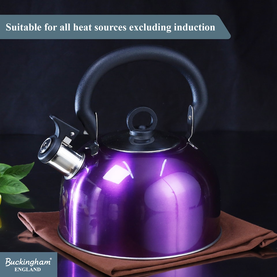 image 1 of Buckingham Camping Whistling Kettle Met Purple Colour Coated Stainless Steel with Heat Resistant Phenolic Handle 2.5 L