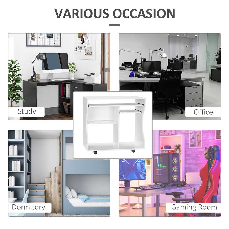 image 1 of HOMCOM Computer Desk with Sliding Keyboard Tray, Mobile Home Office Desk, Study Table with Storage Shelves, PC Desk on Wheels, White | White