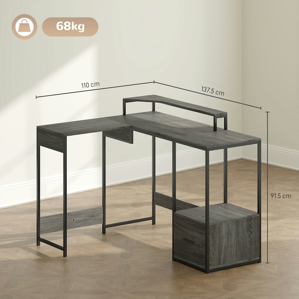 image 1 of HOMCOM L Shaped Desk, Computer Table with Liftable Desktop, Charcoal Grey Grey | Charcoal Grey