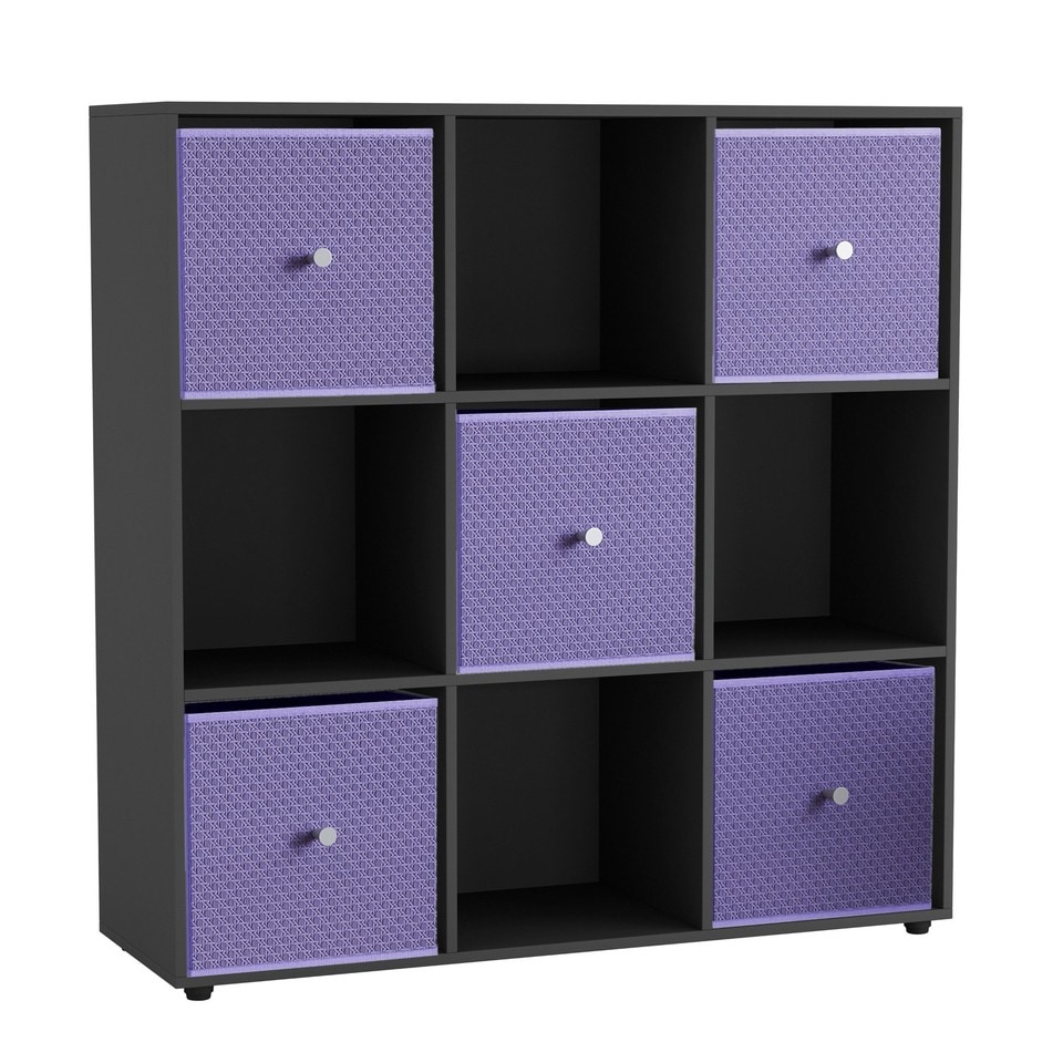 9 Cube Wooden Bookcase Shelving Unit with 5 Collapsible Fabric Drawers Multi Black & Lilac 1