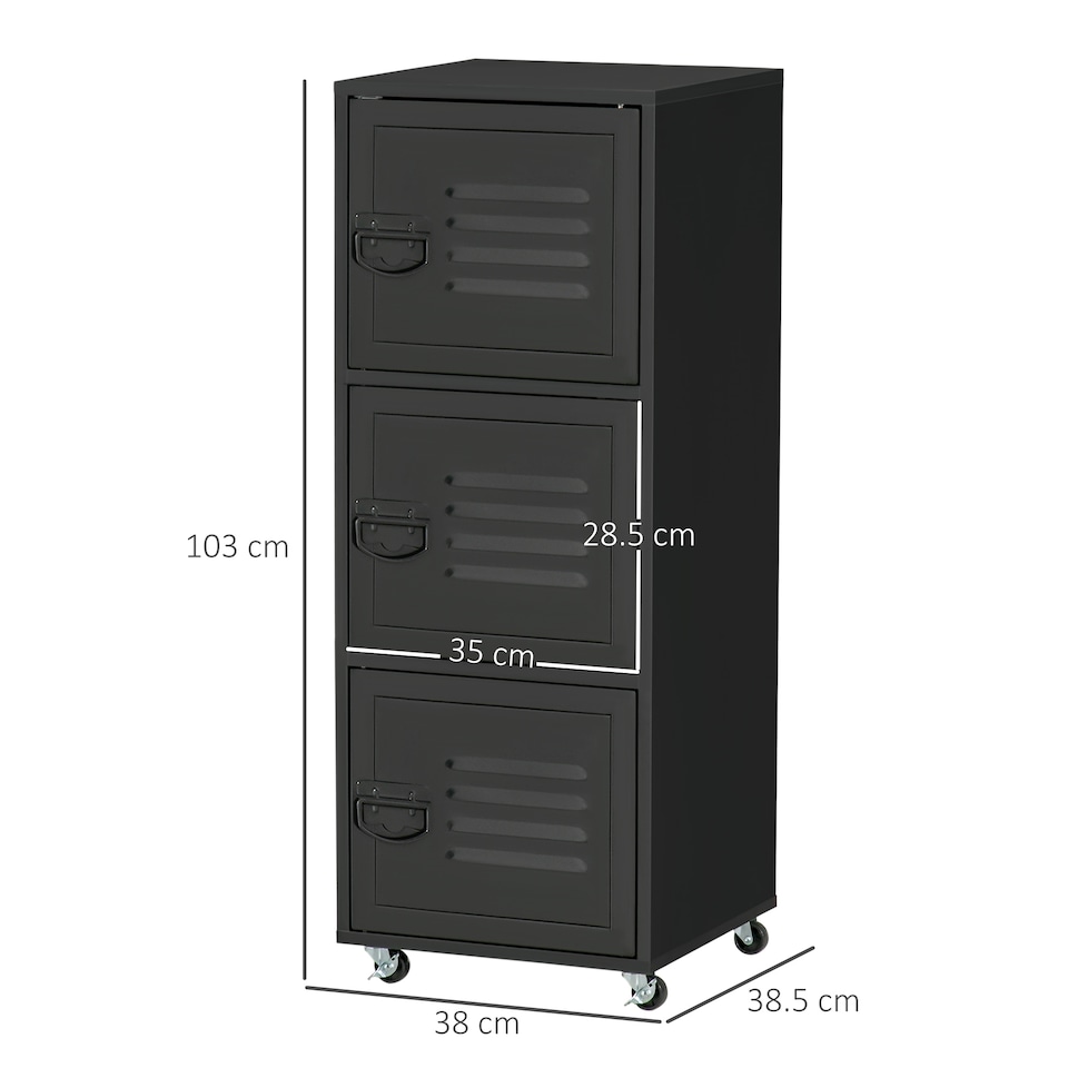 image 1 of HOMCOM Rolling Storage Cabinet 3-Tier Mobile File Cabinet with Wheels & Metal Doors for Home Office, Living Room, Black