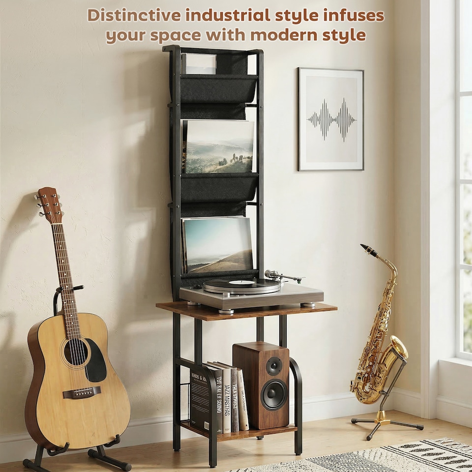 image 1 of HOMCOM Vinyl Record Player Stand with Oxford Pockets Rustic Brown and Black | Brown | Rustic Brown and Black | 50 x 48.5 x 144 cm