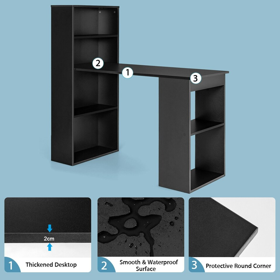 image 1 of COSTWAY Computer Desk Workstation 6-Tier Storage Shelves Black Black