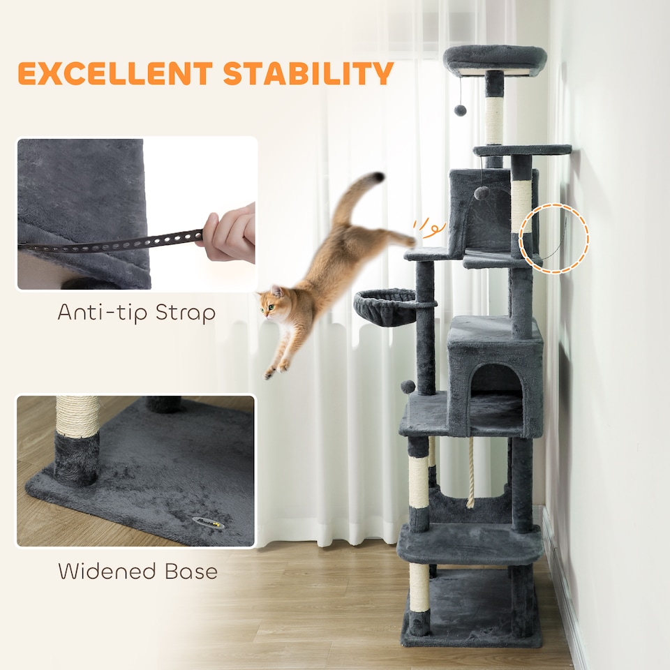 image 1 of PawHut Cat Tree, 202cm Large Cat Tower for Indoor Kittens with 6 Scratching Posts, 2 Condos, 2 Perches, 2 Hammocks, Pompoms, Multi-Level Plush Kitty Activity Centre for Rest and Play, Dark Grey