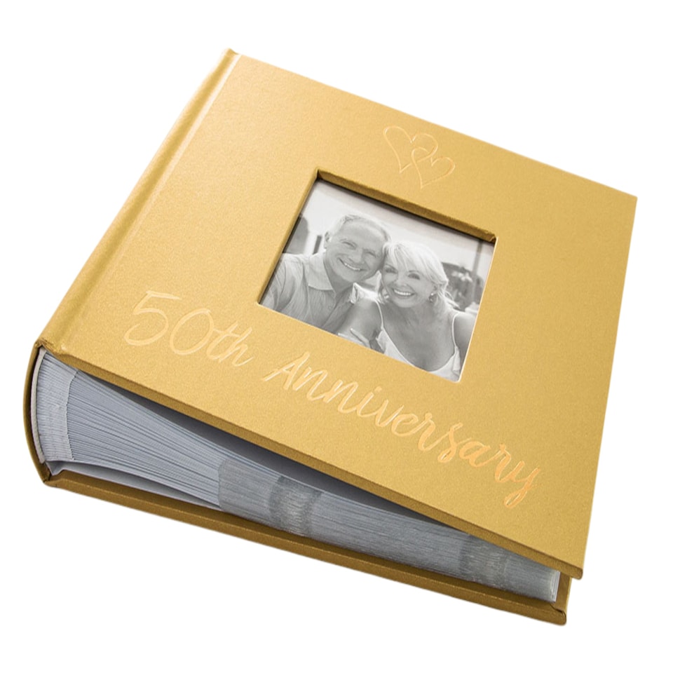 image 1 of Lovely Golden 50th Wedding Anniversary Photo Album with Double Heart Decoration