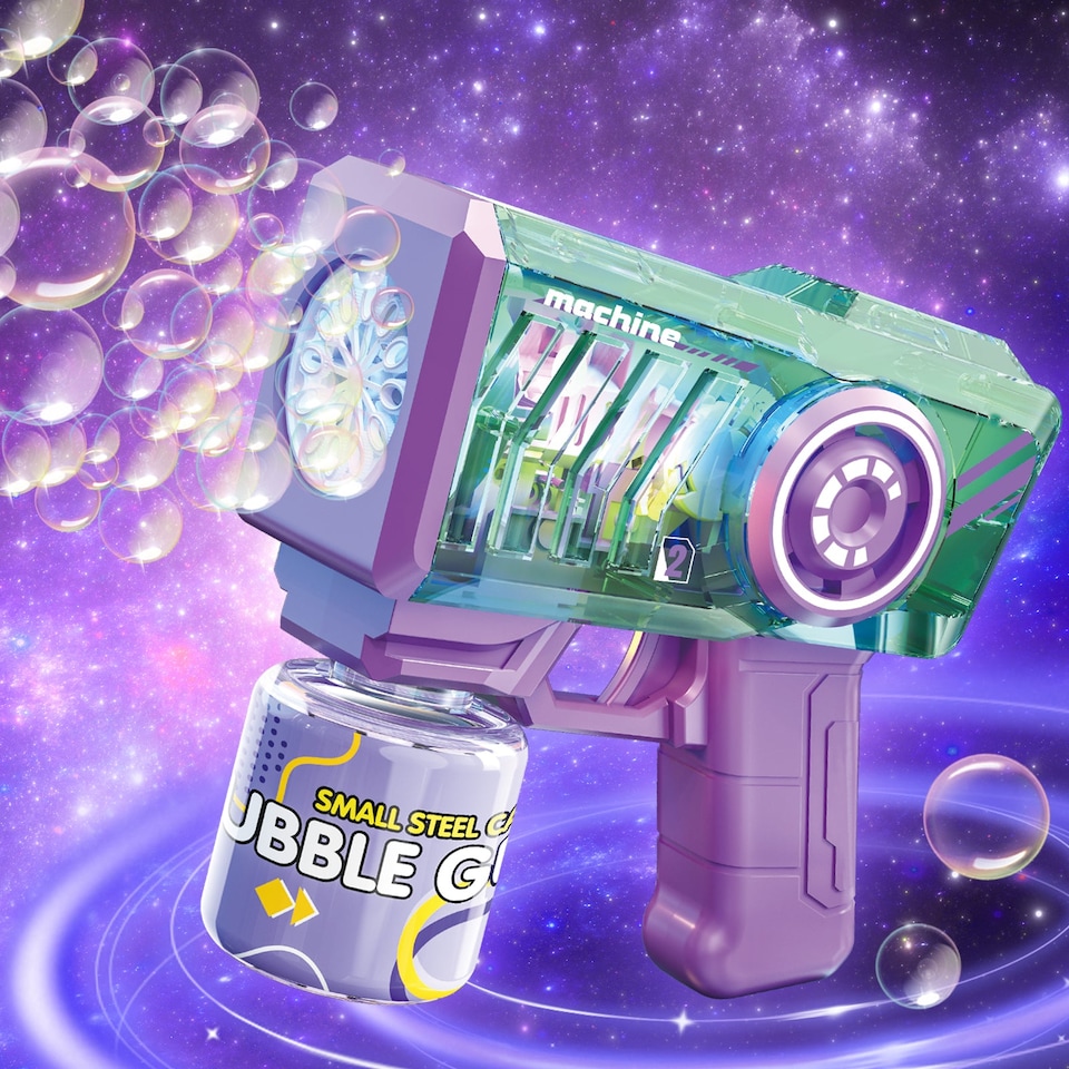 image 1 of Kids Bubble Gun with LED Lights - Outdoor Bubble Maker Toy with Rechargeable Battery and Bubble Solution – Ideal for Parties and Summer Fun