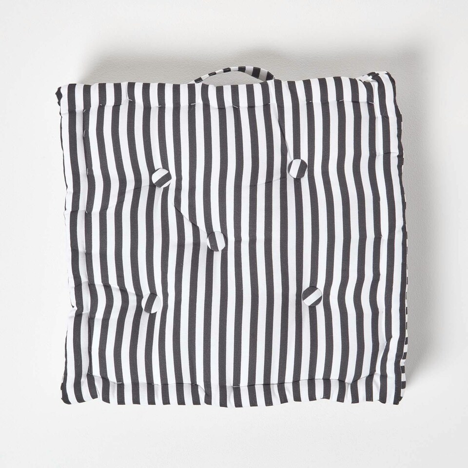 image 1 of Homescapes Cotton Black Thin Stripe Floor Cushion - 50 x 50 cm | Black | 50 x 50 cm