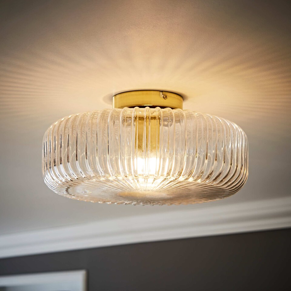 image 1 of ValueLights Calpe Large Ceiling Light Ribbed Smoked Shade | Gold