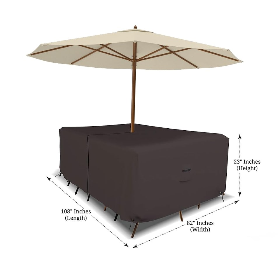 image 1 of Covers&All Rectangle Table & Chair Set Cover, Umbrella Hole, 12 Oz Waterproof UV & Weather Resistant, 108 in L x 82 in W x 23 in H, Coffee
