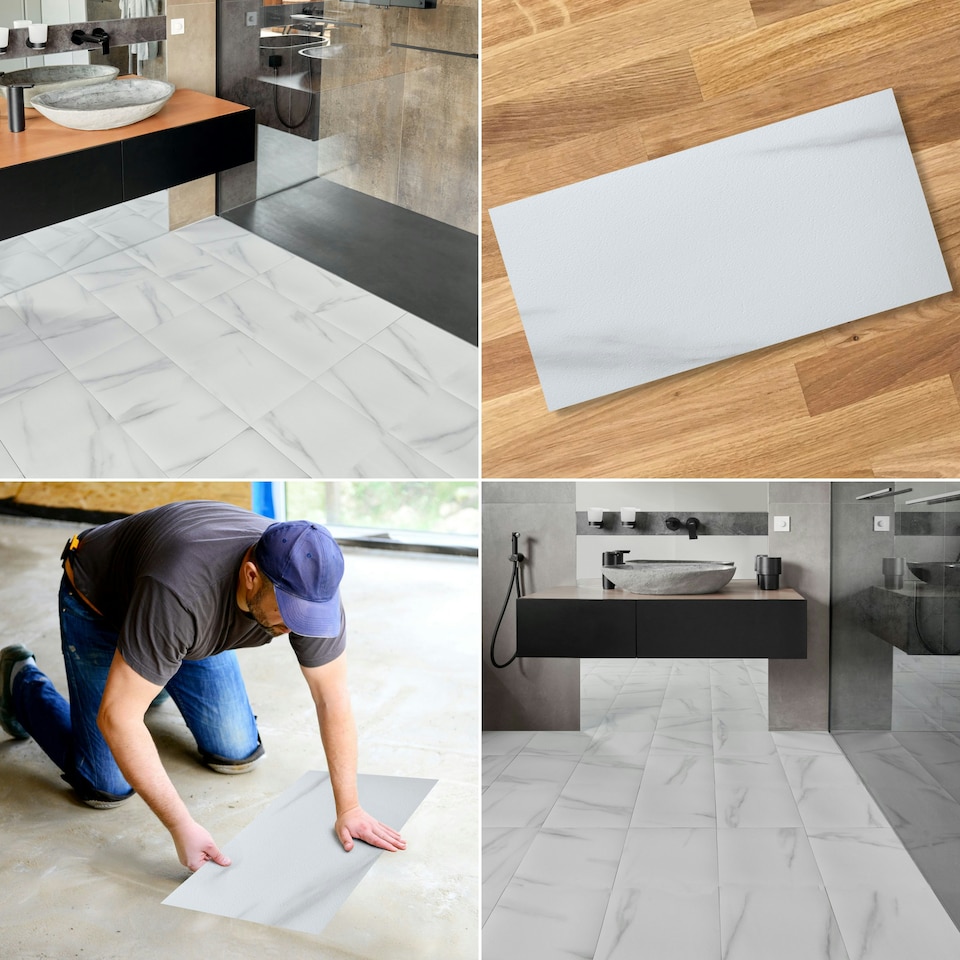 image 1 of NOVECRAFTO Vinyl Floor Tiles Self Adhesive – 12x24in Peel and Stick Waterproof Rectangular Flooring for Kitchen & Bathroom – White Marble Effect Design White | 5.57 sqm