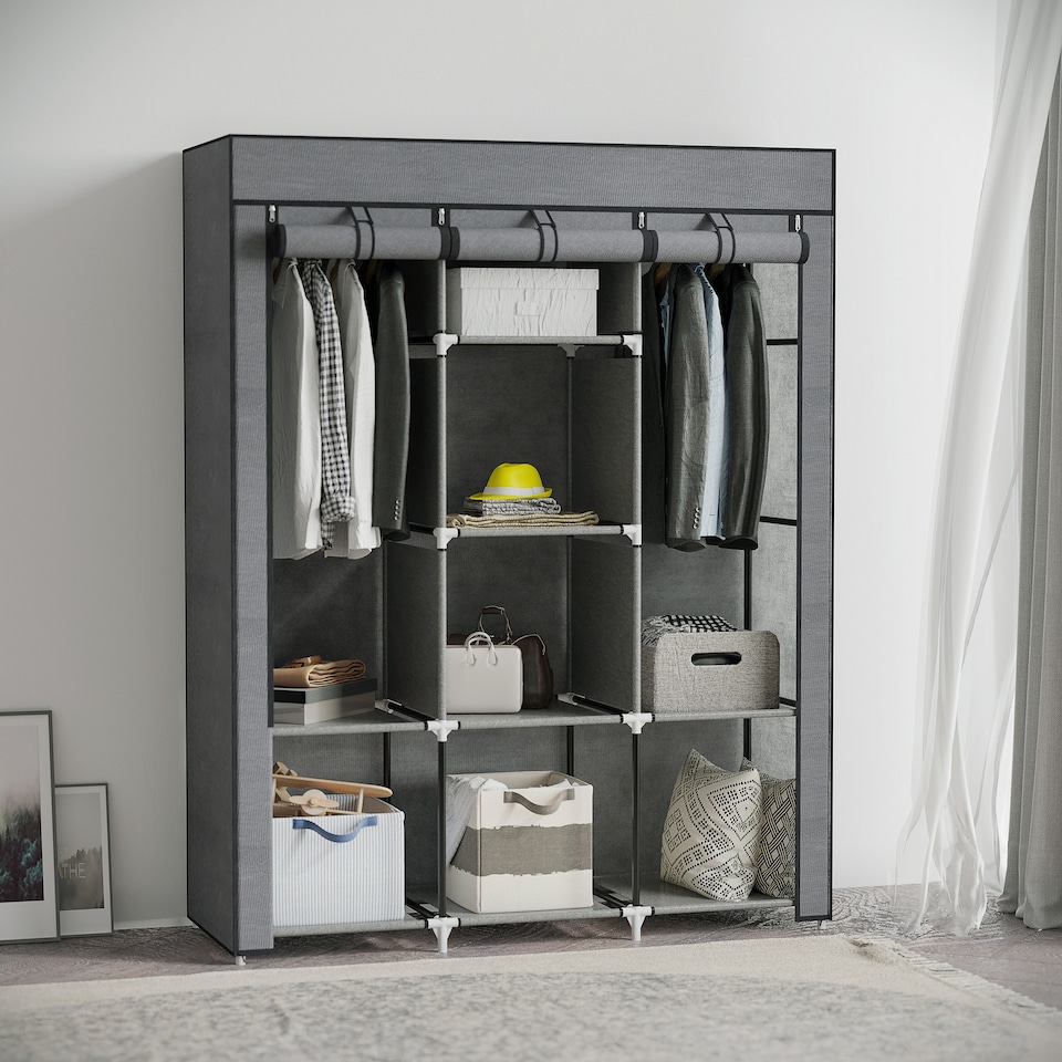 image 1 of HOMCOM Fabric Wardrobe, Portable Wardrobe, Clothes Storage Unit with 8 Shelves, 2 Hanging Rods, 125 x 43 x 162.5 cm, Dark Grey | Grey | Dark Grey