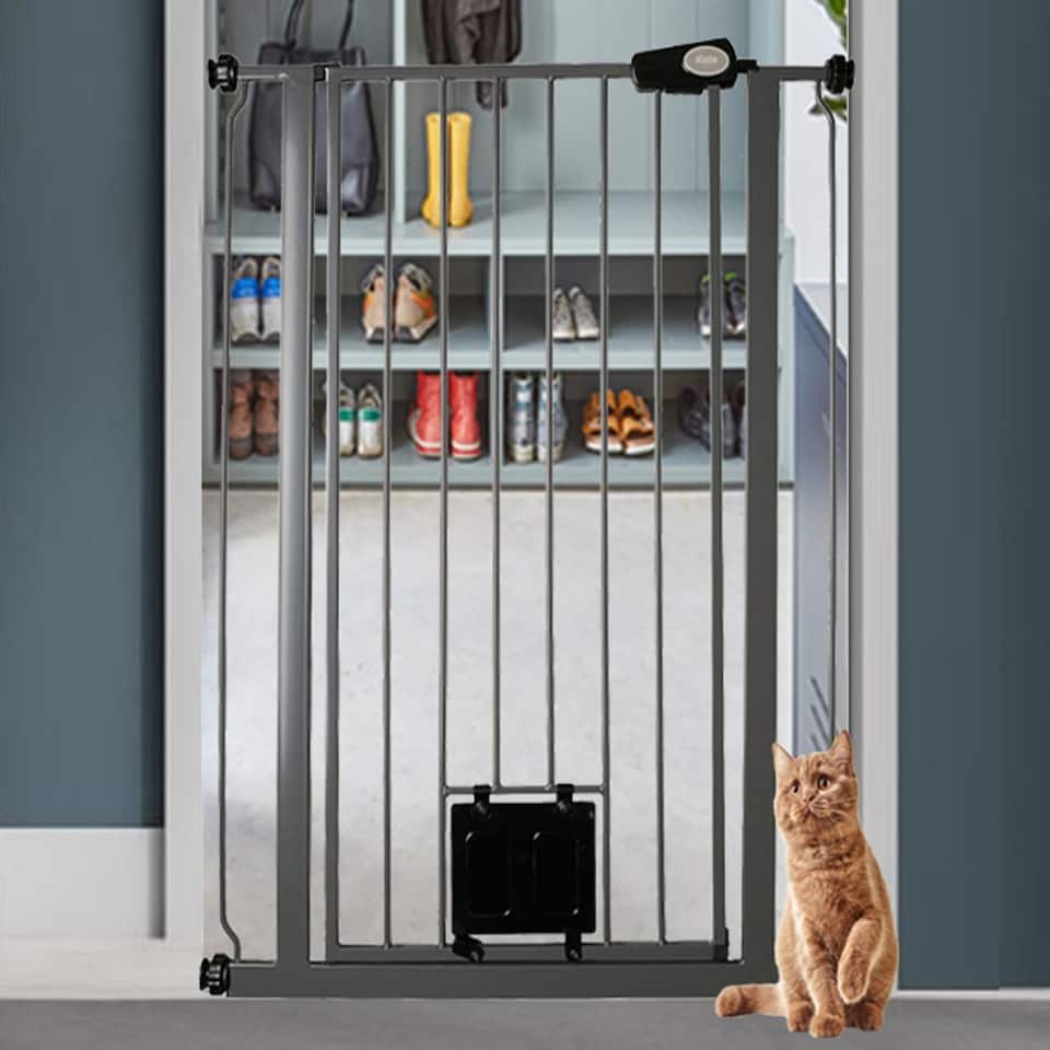 image 1 of Bettacare Pet Gate with Lockable Cat Flap, Narrow, 68.5cm - 75cm, Slate Grey, 104cm in Height