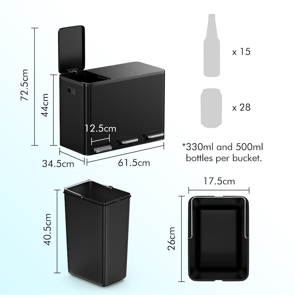 image 1 of 3 Compartment 45L Waste & Recycling Kitchen Bin (3 x 15L) | Black | Black | 45L