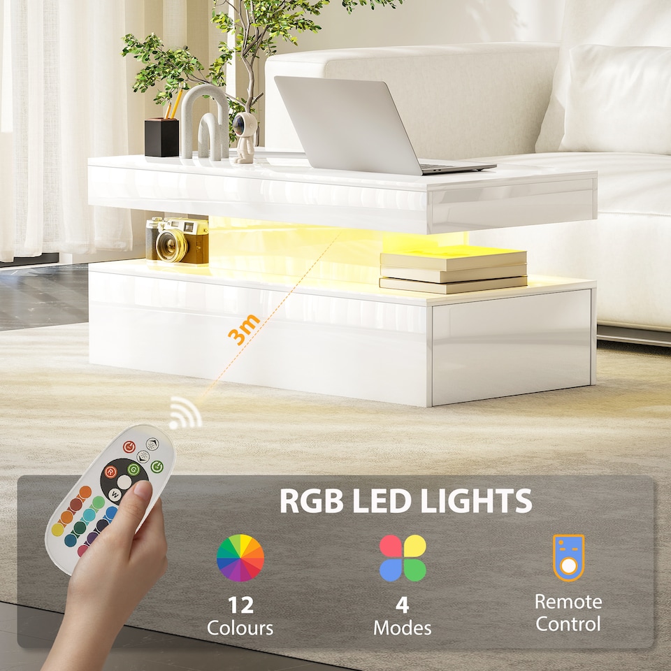 image 1 of HOMCOM LED Coffee Table with Storage, Modern High Gloss Living Room Table with 2 Drawers, Open Shelf and Remote Control, White