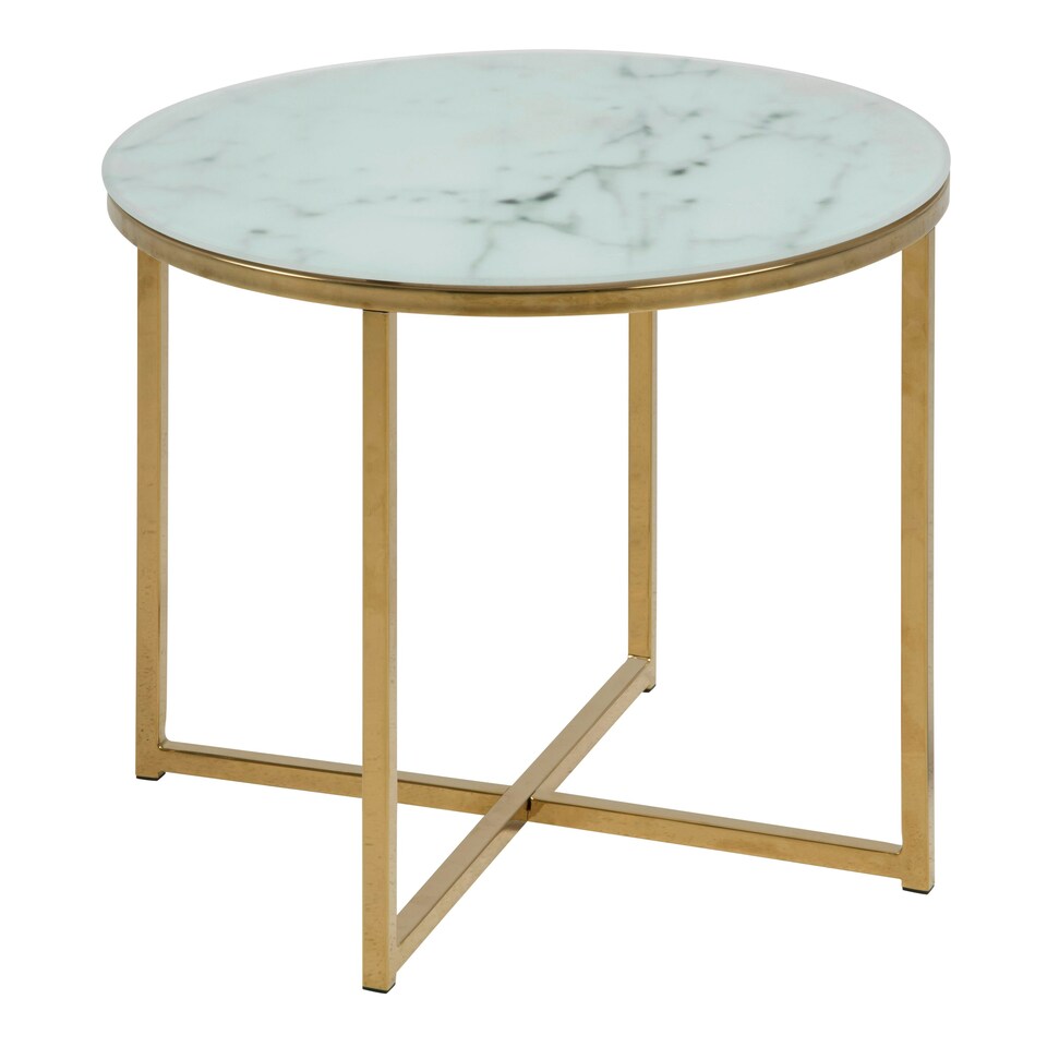 image 1 of Alisma Round Side Table with White Marble Effect Glass Top & Gold Legs