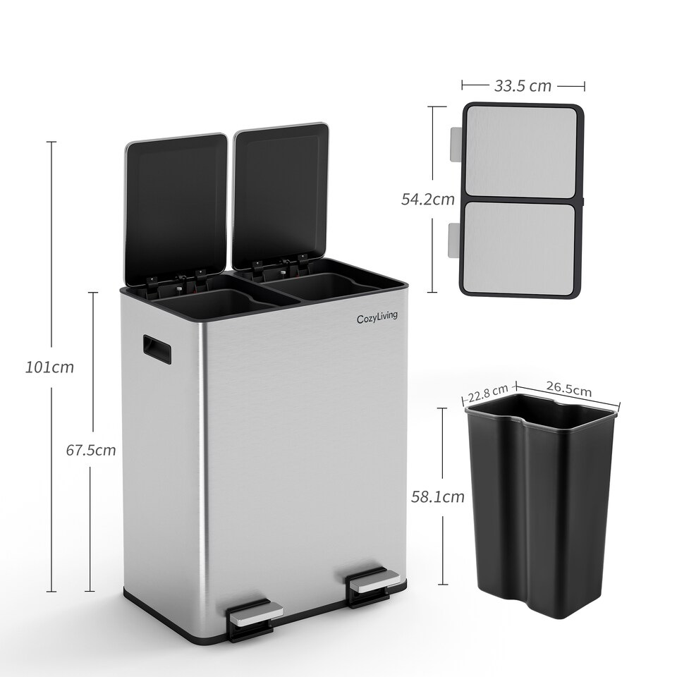 image 1 of 60L Dual Pedal Bin Recycling and General Waste Kitchen Bin (2x30L)