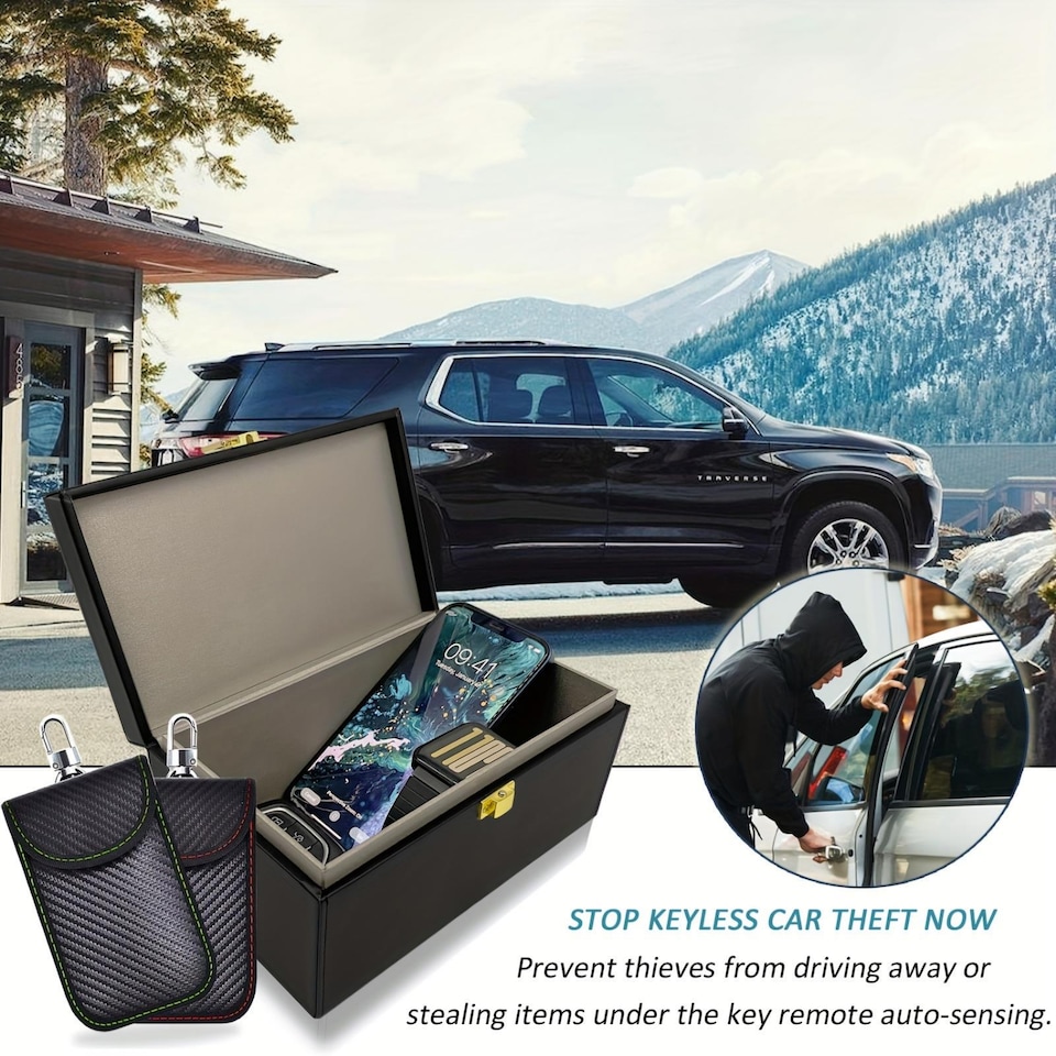 image 1 of Dyzi Faraday Key Box with 2 Signal Blocking Pouches Black Key Fob Protector