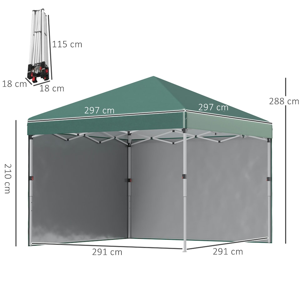 image 1 of Outsunny 3x3 (M) Pop Up Gazebo Party Tent w/ 2 Sidewalls, Weight Bags, Green