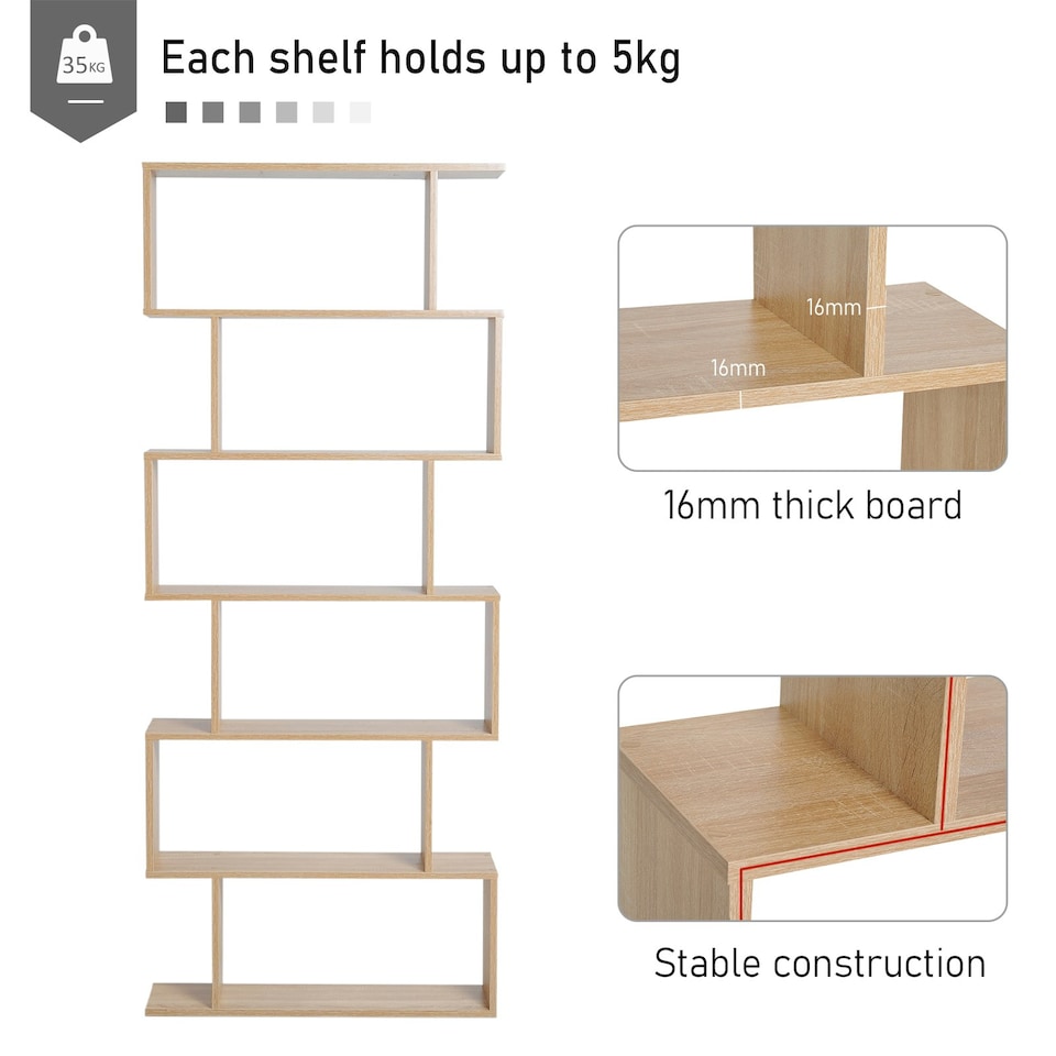 image 1 of HOMCOM 6-Tier Wooden Modern S-Shaped Shelf Storage Unit Home Office Oak Colour