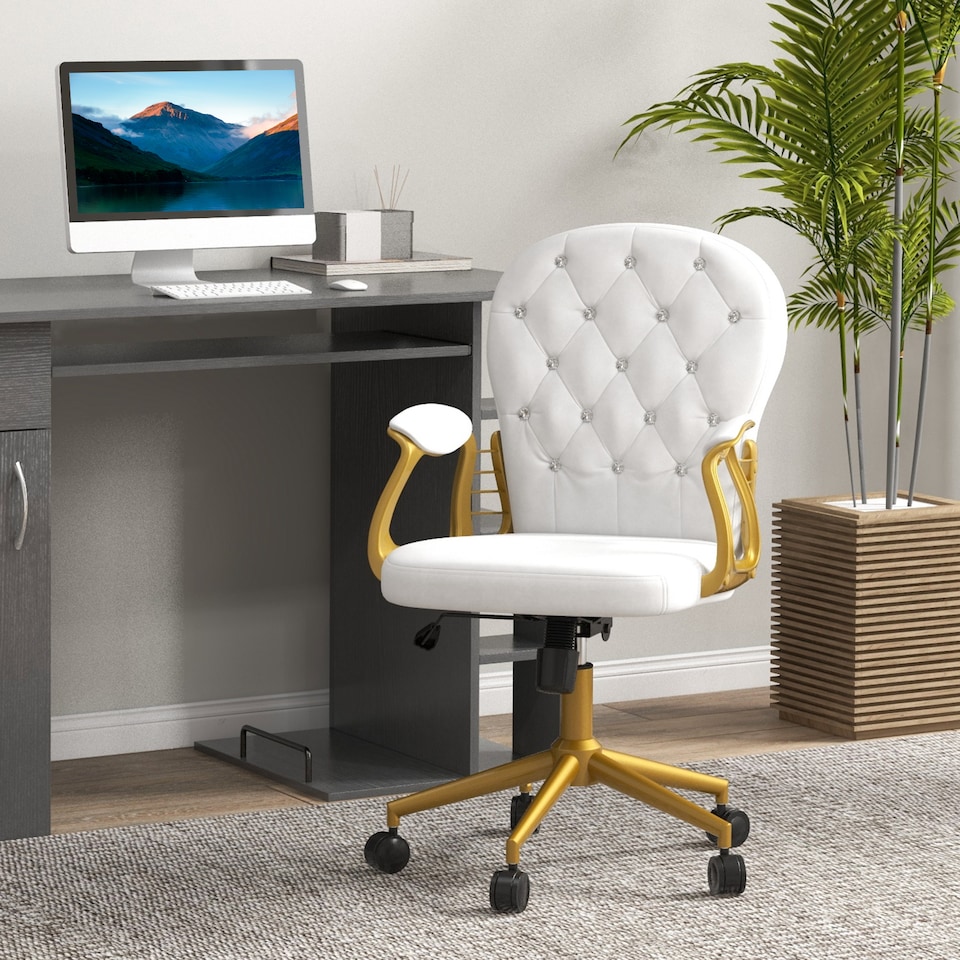 image 1 of Vinsetto Office Chair, Swivel Desk Chair, Velvet Vanity Chair with Adjustable Height and Rolling Wheels for Home Work Study, Cream White