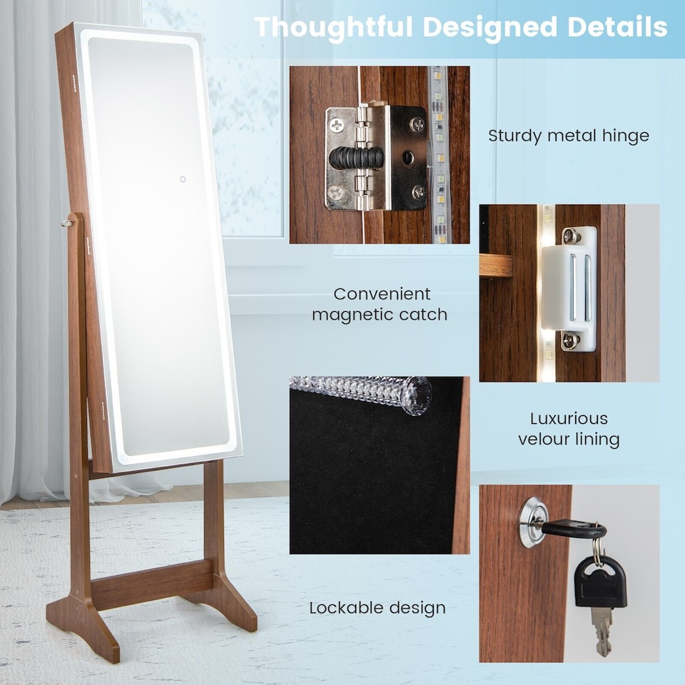 image 1 of COSTWAY Standing Jewelry Cabinet Jewelry Armoire w/ LED Lights Brown