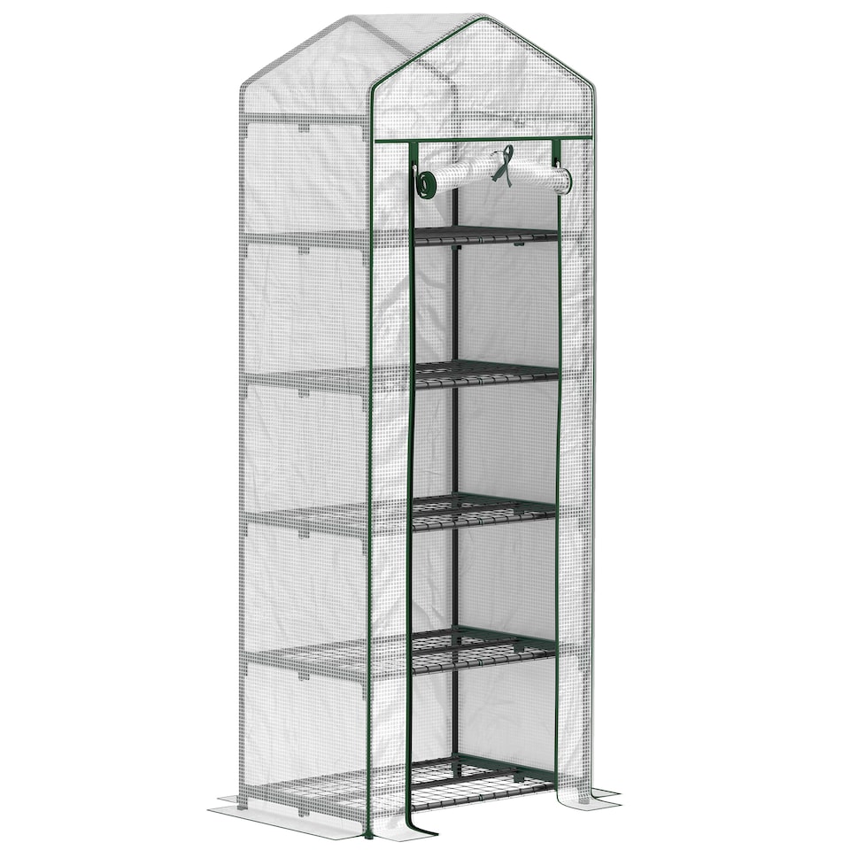 image 1 of Outsunny 5 Tier Mini Greenhouse Grow House w Roll Up Door, WhiteGreen