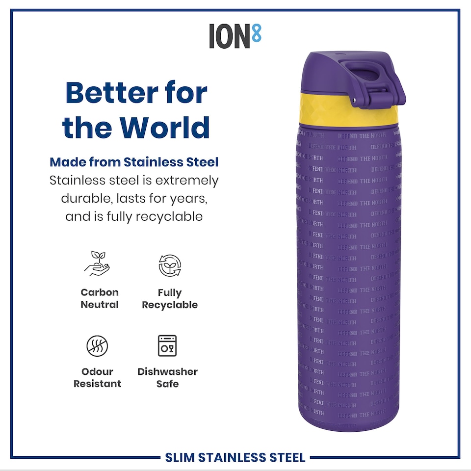 image 1 of Leak Proof Slim Water Bottle, Stainless Steel, NFL, 600ml (20oz) | Purple | NFL Vikings | One Size