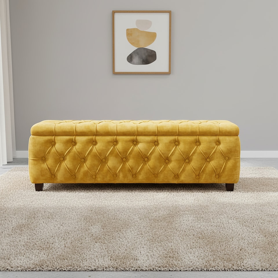 image 1 of 150cm Riga Ottoman Storage Box with Wooden Legs, Mustard Gold Velvet Upholstered Chesterfield Storage Ottoman Box
