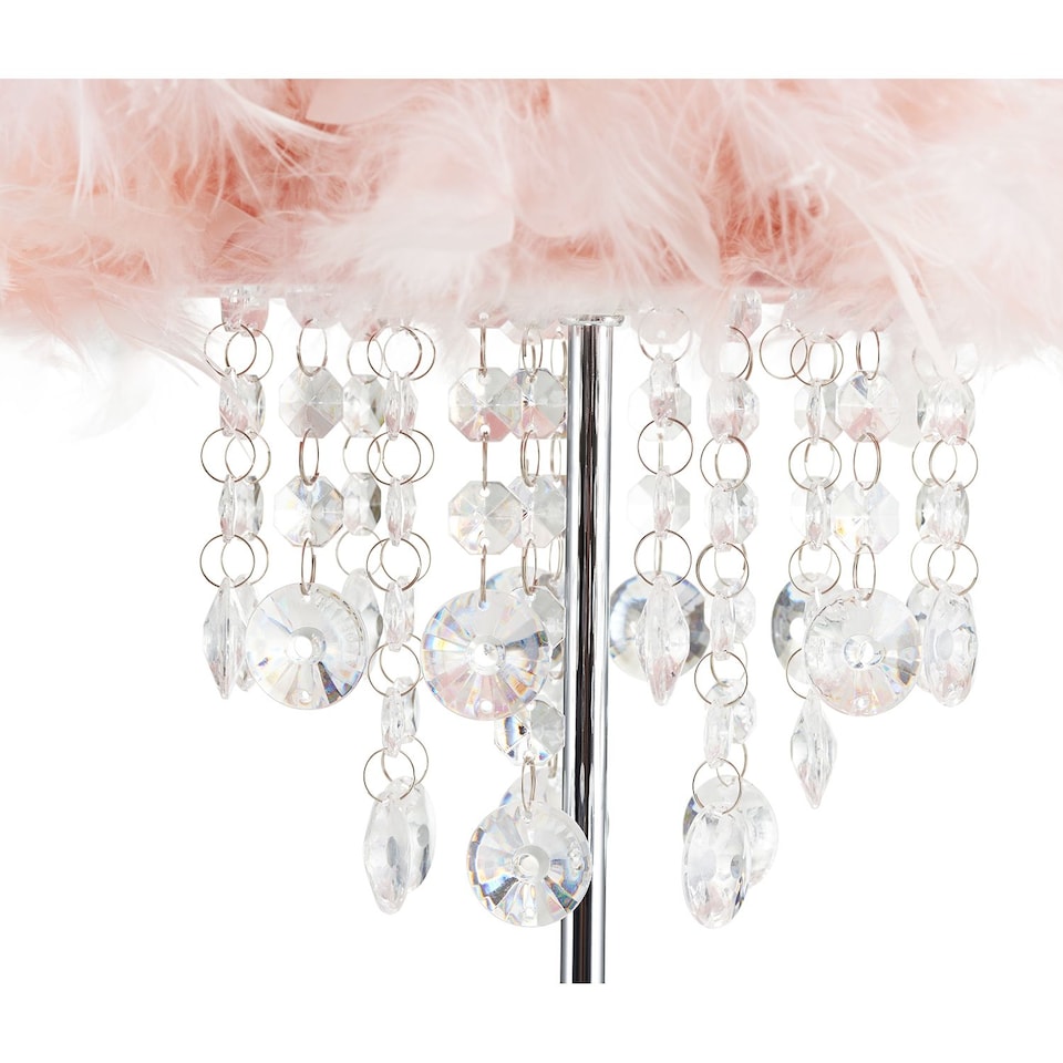 image 1 of Modern Chandelier Style Pink Feather Table Lamp with Waterfall Acrylic Droplets | Pink | Pink | 1