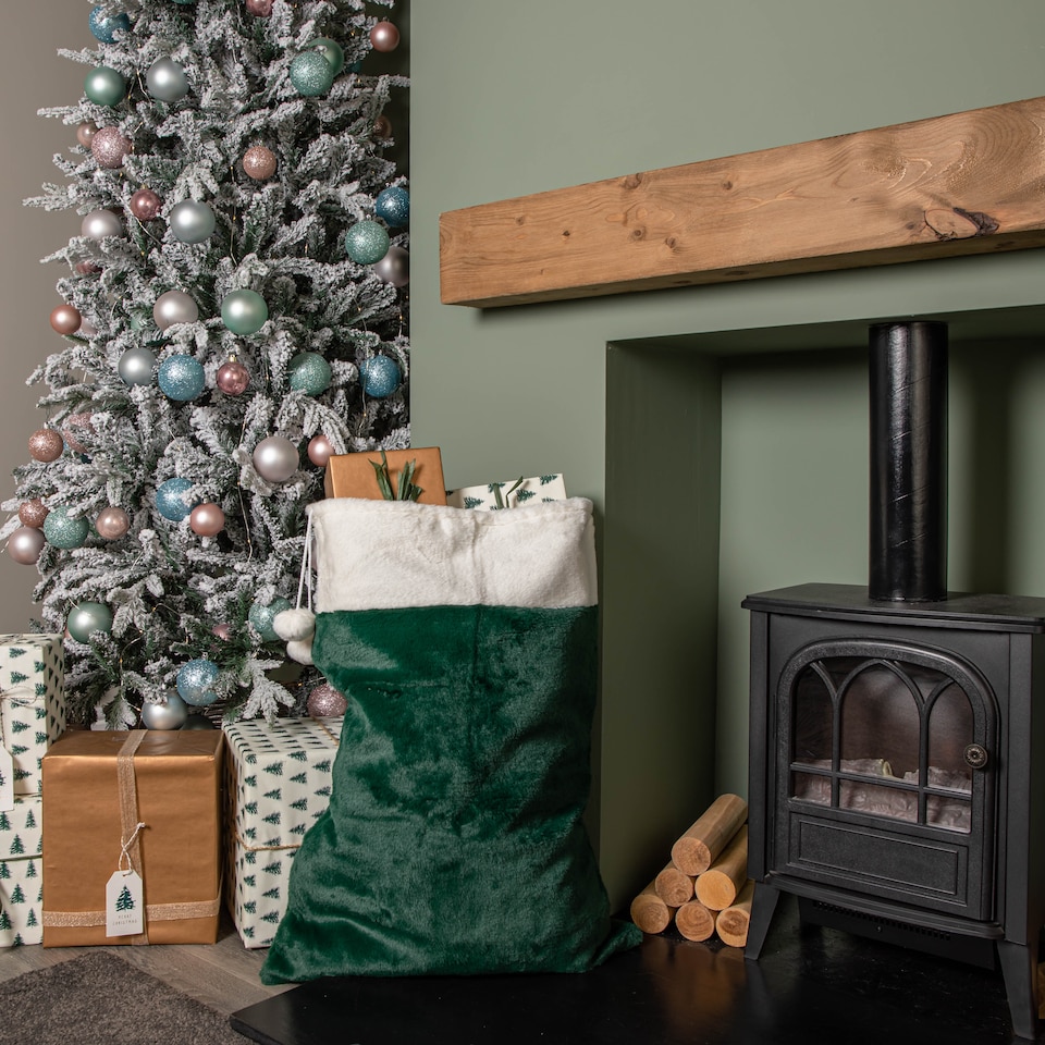 image 1 of 80x55cm Green Christmas Sack with White Cuff and Pom Poms
