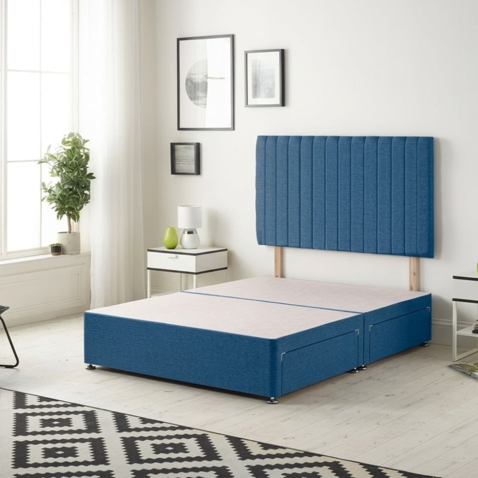 image 1 of Texas Divan Bed Base with 2 Drawers & 30 Inch Headboard Plush Velvet | Blue | Navy