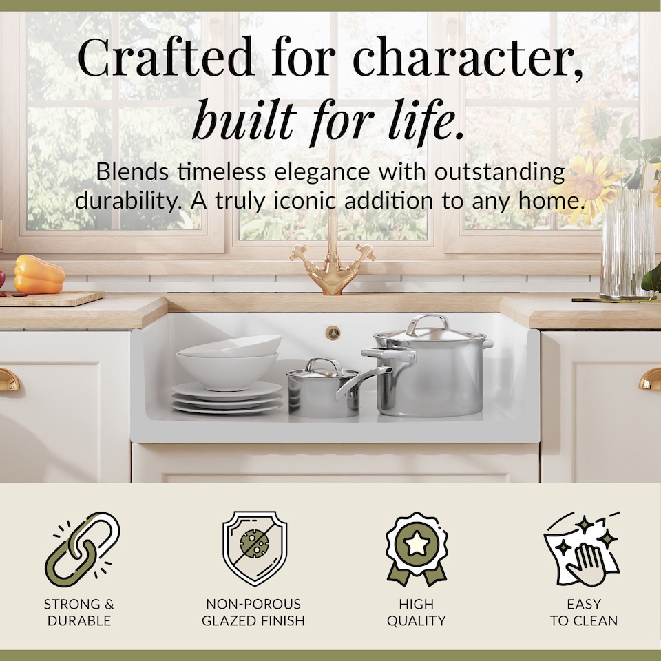 image 1 of Balterley Fireclay Kitchen Single Bowl Fluted Front Butler Sink - with Overflow | White | White | 1
