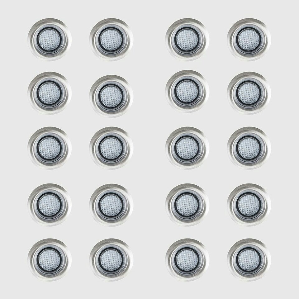 image 1 of ValueLights Pair Of IP67 Rated 40mm Blue LED Round Garden Decking Kitchen Plinth Lights Kit Chrome