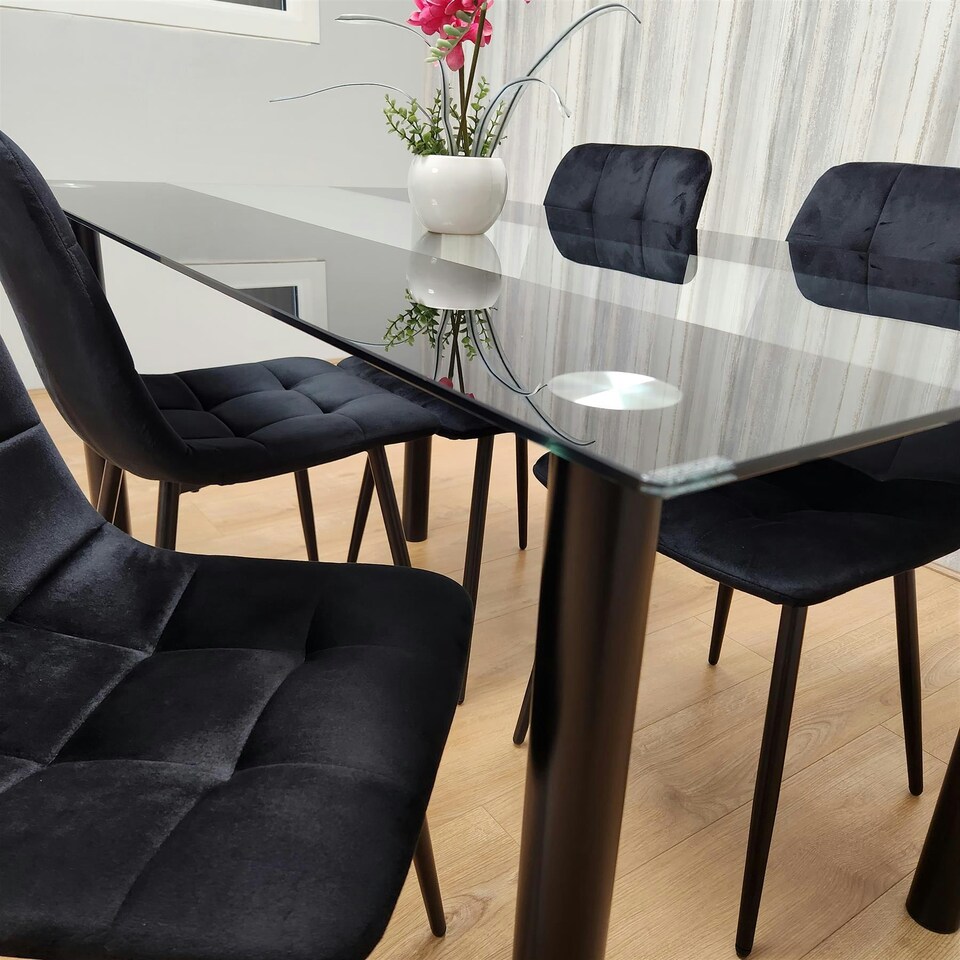 image 1 of Black Glass Dining Table Set With 4 Black Chairs For Dining Room And Kitchen Furniture | Black | One Size | 5