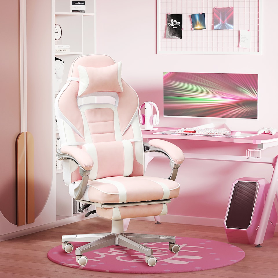 image 1 of HOMCOM Gaming Chair with Footrest, PU Leather Computer Chair, Swivel Game Chair with 150 Reclining Back and Lumbar Support for Adults, Pink