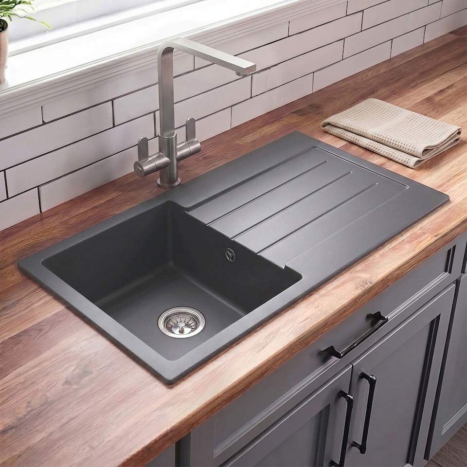image 1 of Balterley 100cm Kitchen Single Bowl Composite Inset Sink with Overflow & Reversible Drainer