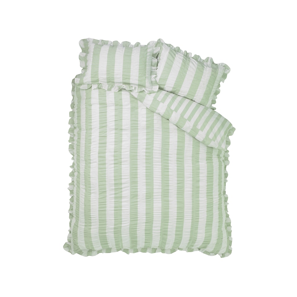 image 1 of Catherine Lansfield Seersucker Frill Stripe Duvet Cover Set | Green | Single
