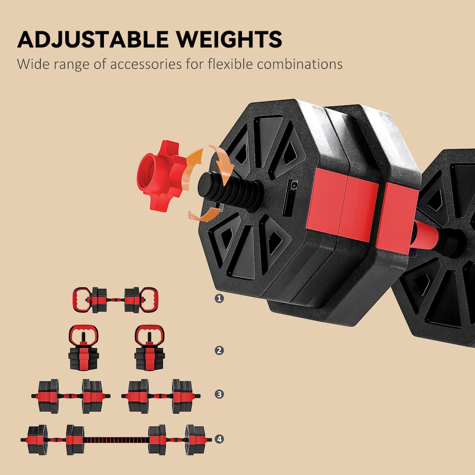 image 1 of SPORTNOW 4-in-1 Adjustable Weight Dumbbells Set, Used as Kettlebell, Barbell, Dumbbell, Push-Up Stand, 20kg Free Weights Set for Men and Women Home Gym Training, Red