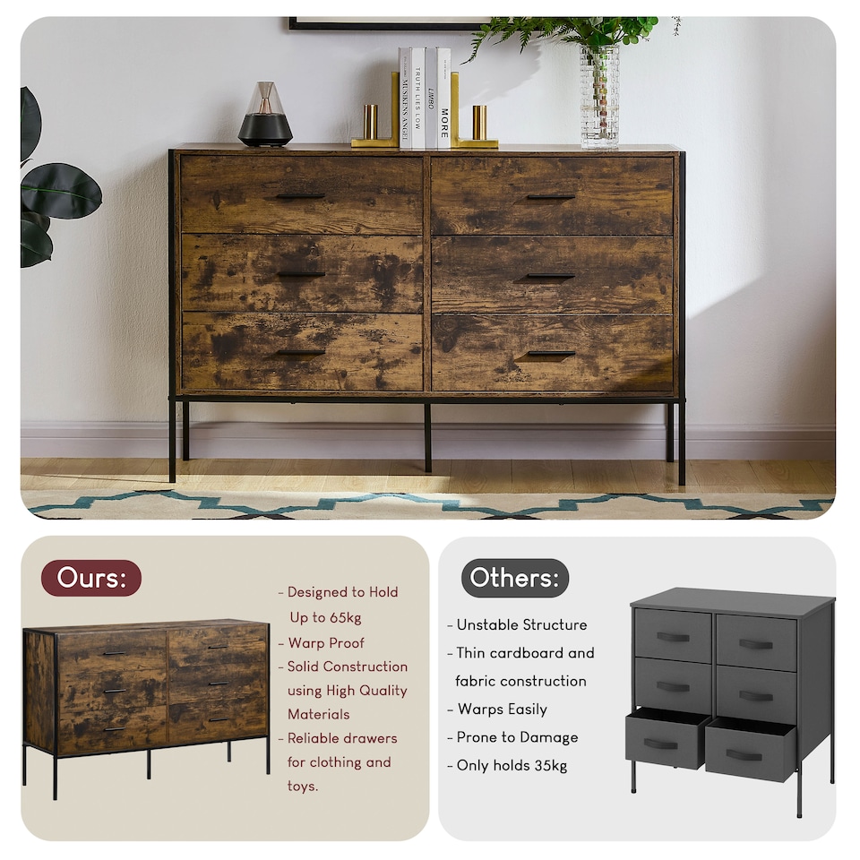 image 1 of Vida Designs Brooklyn 6 Drawer Chest of Drawers Industrial Bedroom Storage, Dark Wood