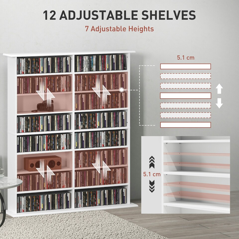 image 1 of HOMCOM CD Storage Unit DVD Tower Blu-ray Storage Shelf for Office, White White | 106.5W x 24D x 126.3H cm