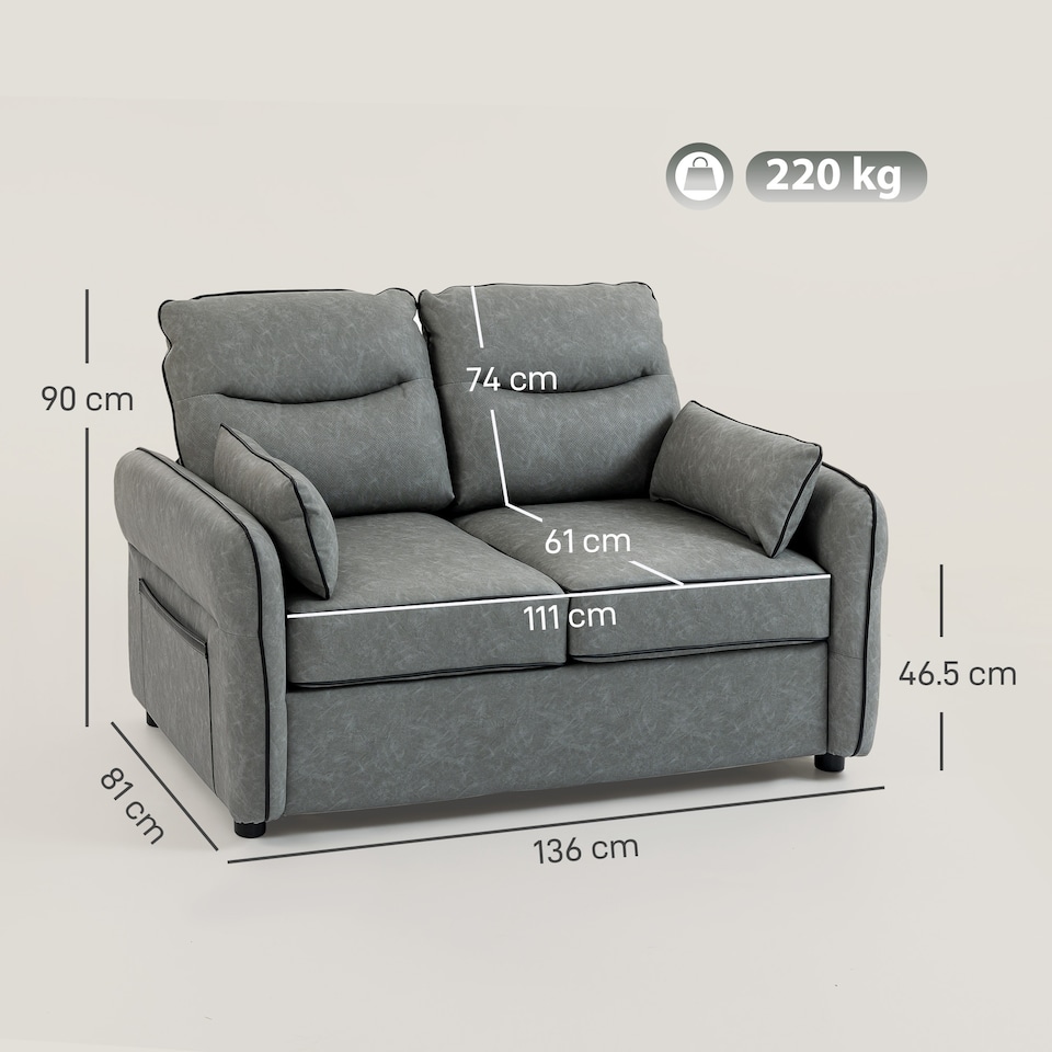 image 1 of HOMCOM 2 Seater Sofa, Modern Loveseat with Thicken Cushion, High-Resilience Foam, Side Pockets, Quick Assembly, Pillows, Faux Leather Upholstered Sofa for Living Room, Bedroom, Home Office, Grey | Grey | Grey | Two Seater